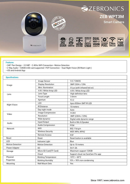 ZEBRONICS ZEB-WPT3M 3M Smart Camera–Wireless Security-Night Vision