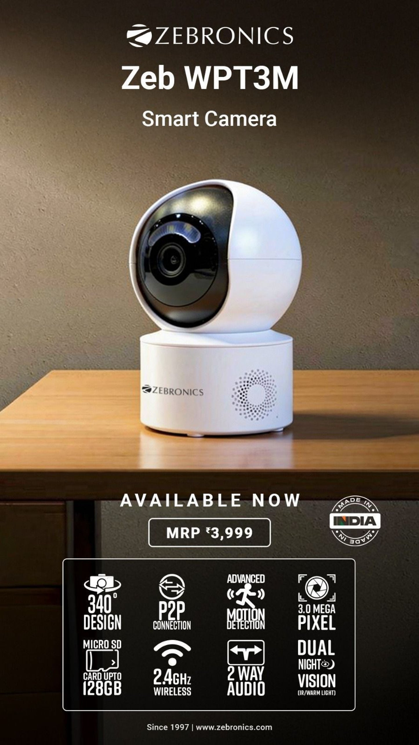 ZEBRONICS ZEB-WPT3M 3M Smart Camera–Wireless Security-Night Vision