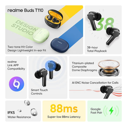 Realme Buds T110 | AI ENC | 38Hrs Playback